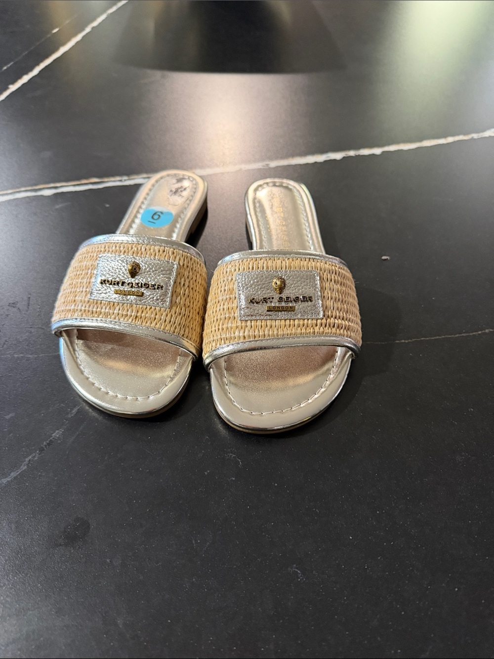 Kurt Geiger Metallic Gold and Natural Woven Slide Sandals